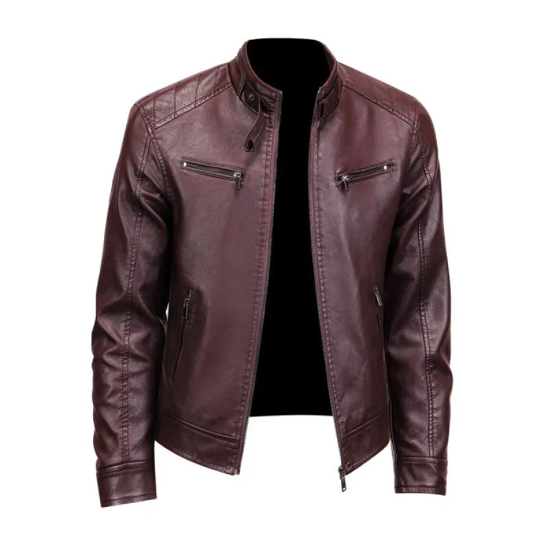 Men's Vintage Stand Collar Zipper Slim Fit Motorcycle Leather Jacket 29536672M sold by Manly