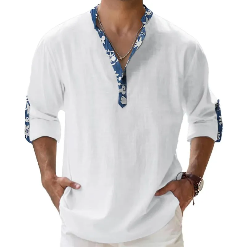 Men's Vintage Print Panel Henley Collar Long Sleeve Shirt 89331083Y sold by Manly