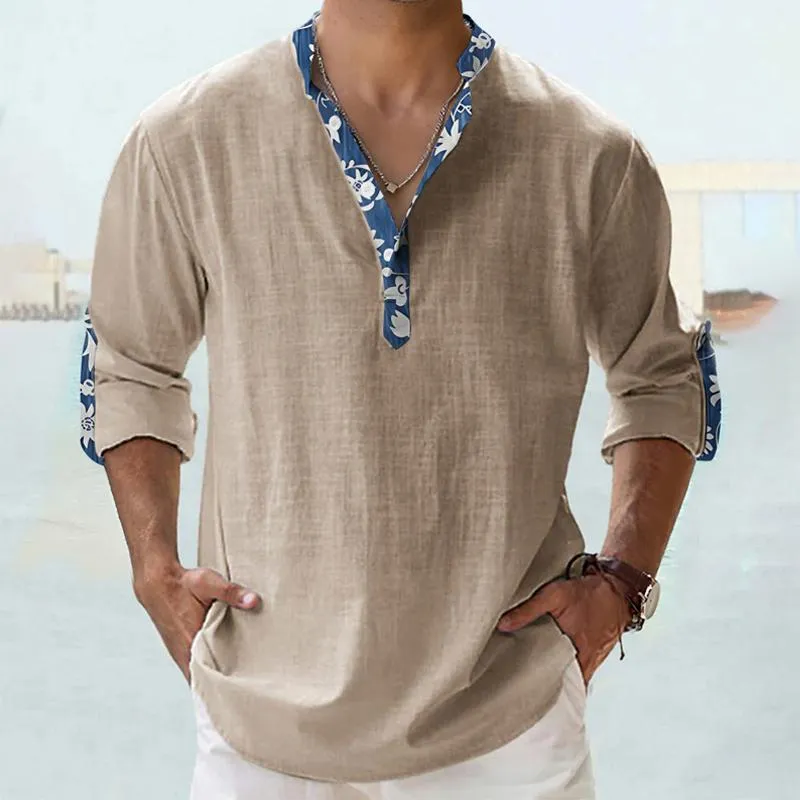 Men's Vintage Print Panel Henley Collar Long Sleeve Shirt 89331083Y sold by Manly product image thumbnail 3