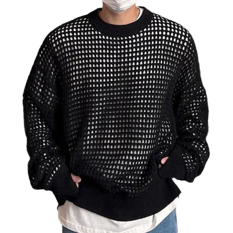 Men's Retro Casual Solid Color Mesh Crew Neck Hollow Sweater 00911058TO sold by Manly