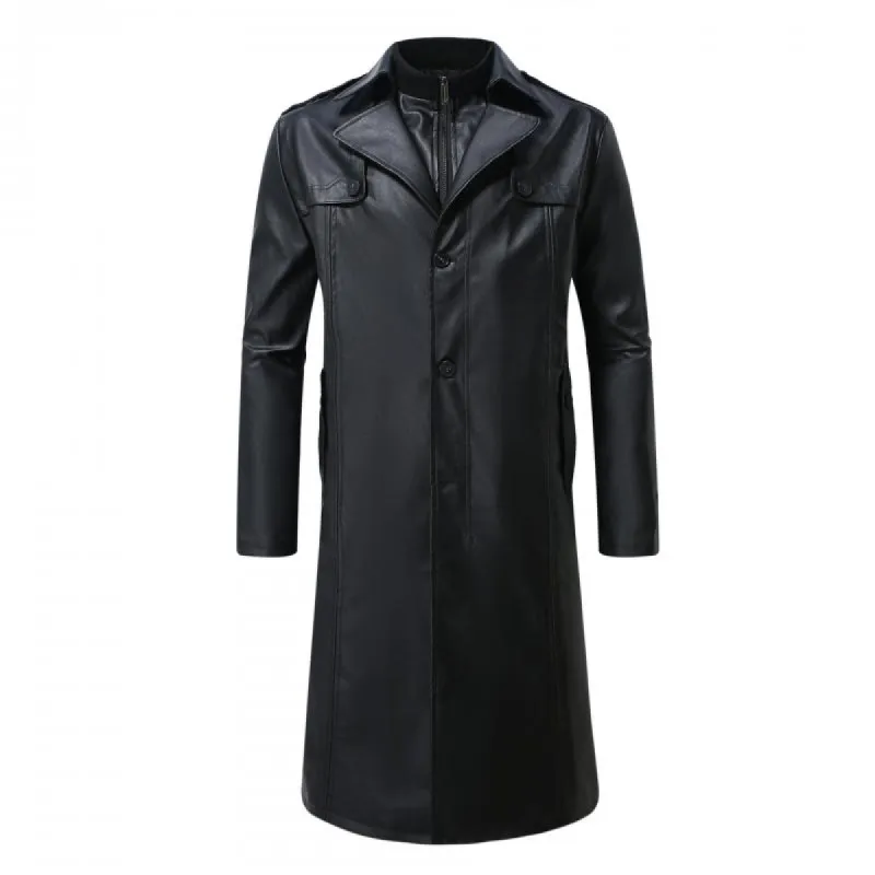 Men's Casual Solid Color Lapel Long PU Leather Windbreaker 18861946Y sold by Manly