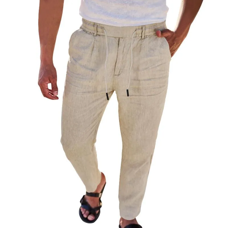 Men's Solid Color Cotton and Linen Drawstring Straight Pants 13578529X sold by Manly