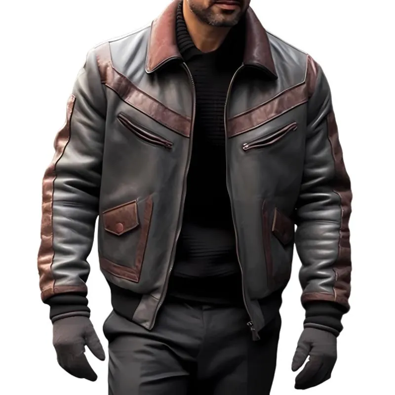 Men's Vintage Colorblock Patchwork Lapel Zip Leather Jacket 22081633M sold by Manly