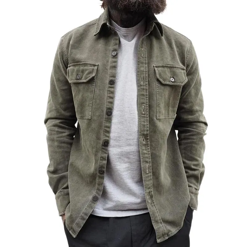 Men's Casual Corduroy Lapel Flap Pocket Slim Fit Long Sleeve Shirt 20381870M sold by Manly