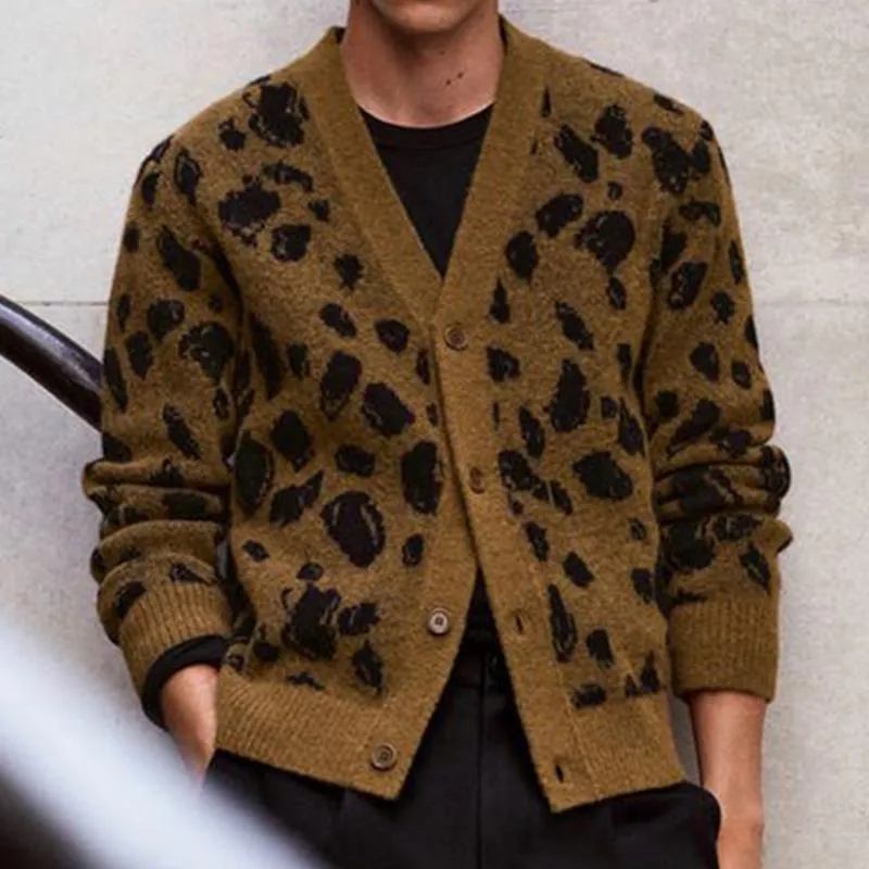 Men's Leopard Print Button V-Neck Knit Cardigan 99142922U sold by Manly product image thumbnail 3
