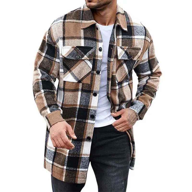 Men's Brushed Plaid Print Lapel Mid-Length Coat 38050794X sold by Manly
