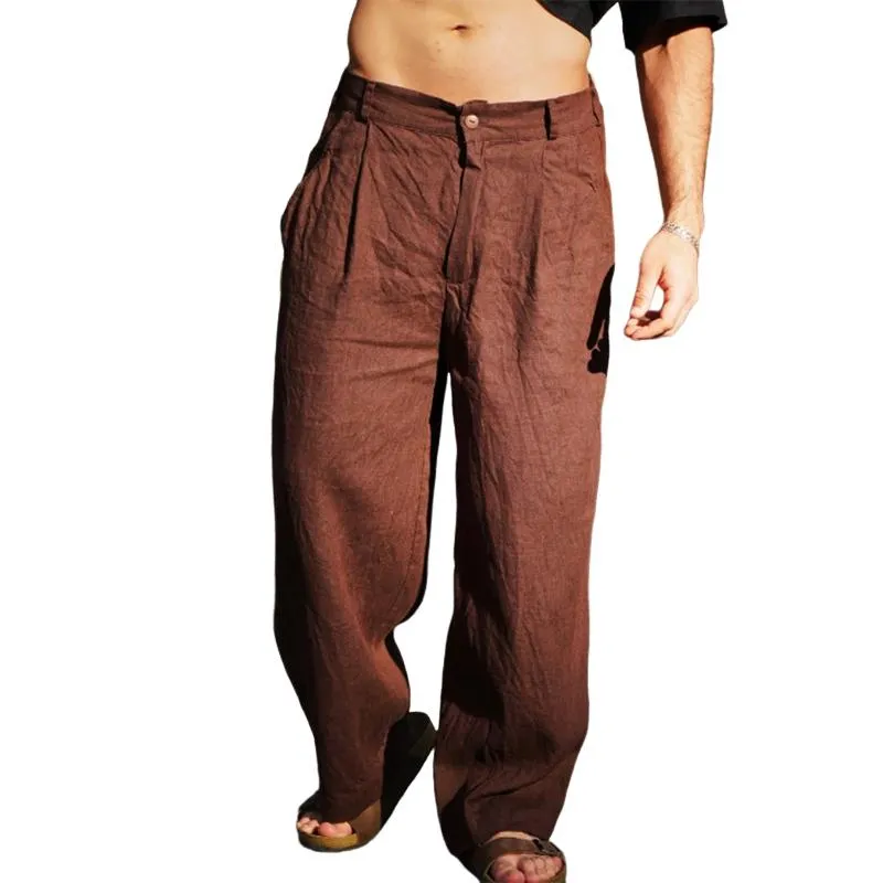 Men's Solid Loose Linen Straight Casual Pants 25114897Z sold by Manly