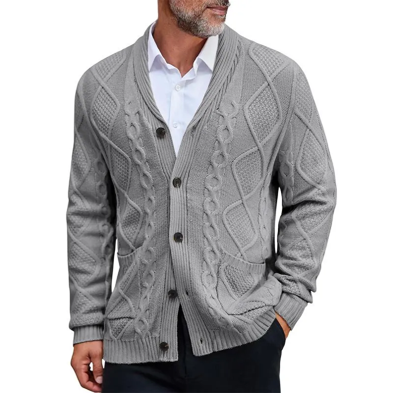 Men's Solid Color Cable Knit Lapel Single Breasted Cardigan 22316721Z sold by Manly