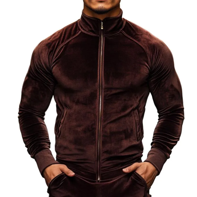 Men's Retro Casual Gold Velvet Stand Collar Zipper Jacket 00436137TO sold by Manly
