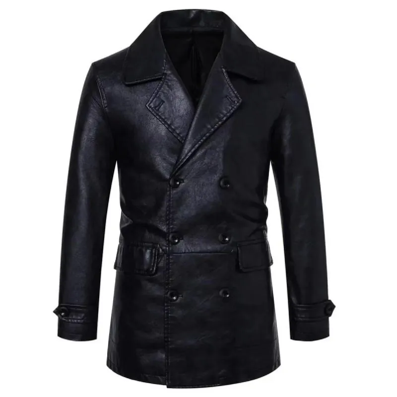 Men's Solid Color Lapel Double-Breasted Mid-Length Pu Leather Trench Coat 94907984Y sold by Manly