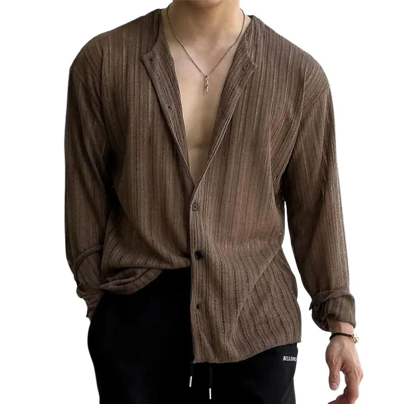 Men's Solid Color Hollow Casual Long Sleeve Shirt 14194329U sold by Manly