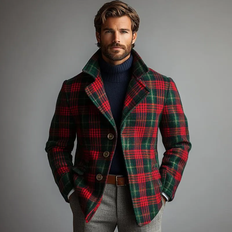 Men's Vintage Christmas Colorblock Plaid Print Tweed Lapel Single-Breasted Blazer 03792919Y sold by Manly product image thumbnail 3