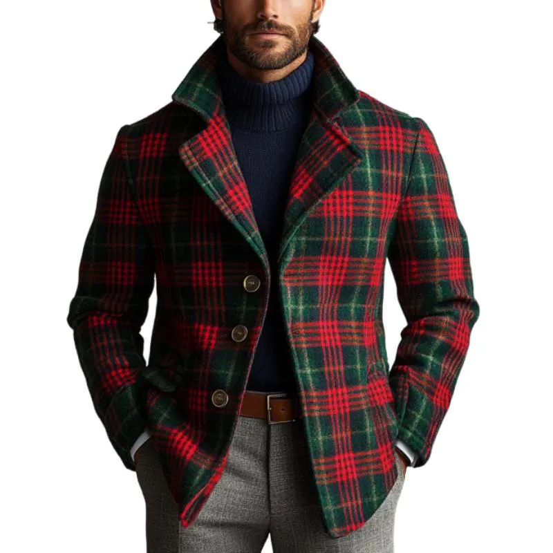 Men's Vintage Christmas Colorblock Plaid Print Tweed Lapel Single-Breasted Blazer 03792919Y sold by Manly
