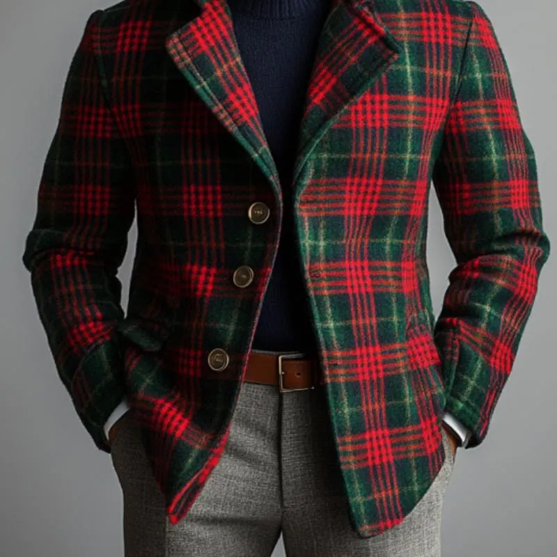 Men's Vintage Christmas Colorblock Plaid Print Tweed Lapel Single-Breasted Blazer 03792919Y sold by Manly product image thumbnail 2