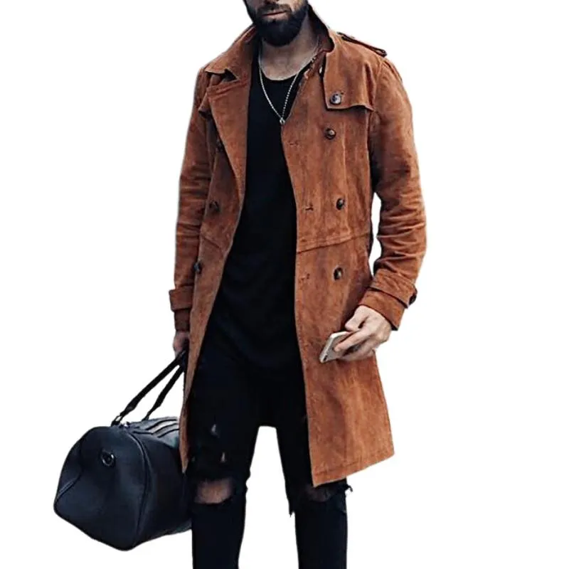 Men's Vintage Suede Lapel Double Breasted Mid-Length Trench Coat 15978714M sold by Manly