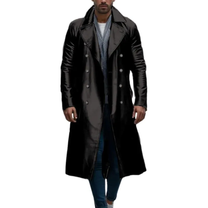 Men's Vintage Notched Lapel Double Breasted Slim Fit Long Leather Coat 80532771M sold by Manly