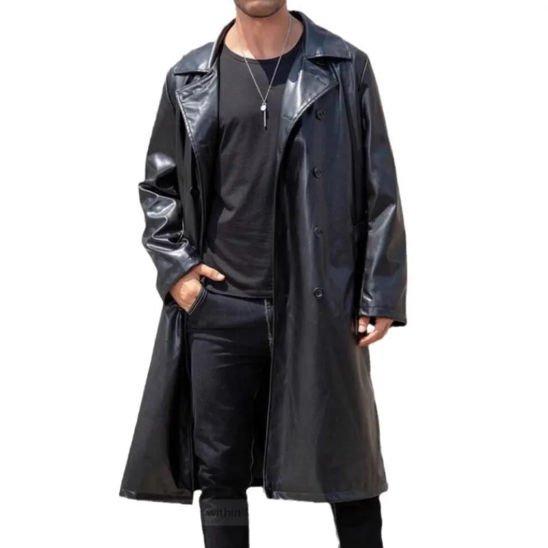 Men's Vintage Notch Lapel Slim Fit Double Breasted Long Leather Coat 18821312M sold by Manly