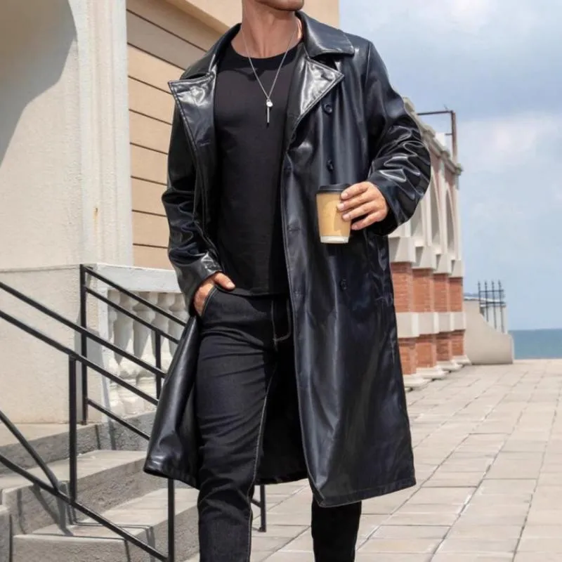 Men's Vintage Notch Lapel Slim Fit Double Breasted Long Leather Coat 18821312M sold by Manly product image thumbnail 2