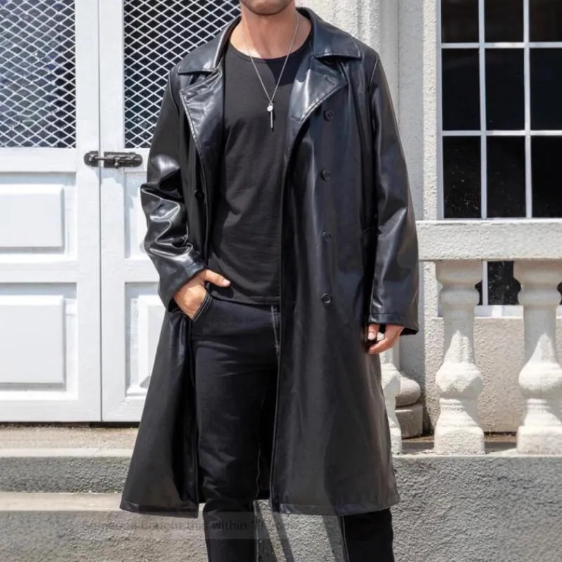 Men's Vintage Notch Lapel Slim Fit Double Breasted Long Leather Coat 18821312M sold by Manly product image thumbnail 3