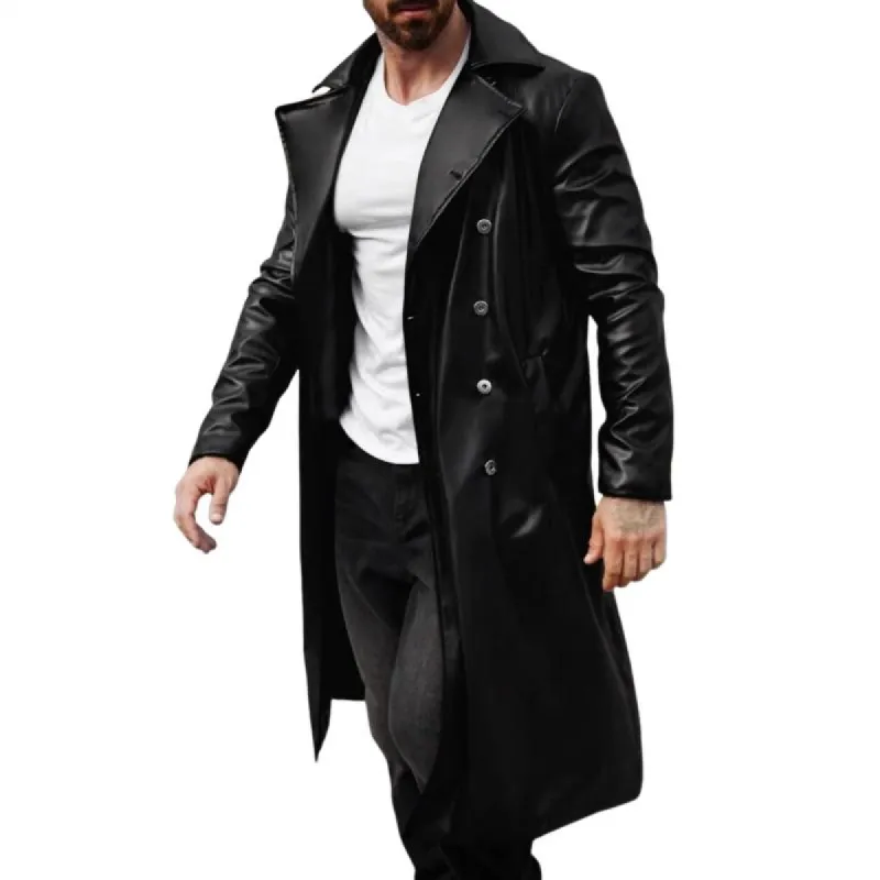 Men's Vintage Notch Lapel Slim Fit Double Breasted Long Leather Trench Coat 52157824M sold by Manly