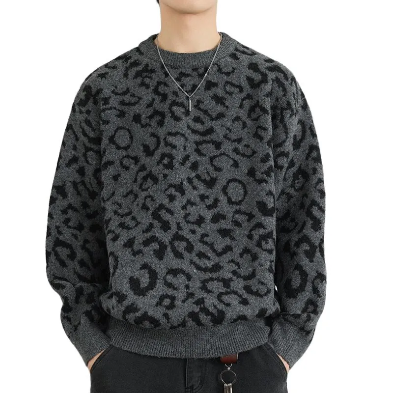 Men's Casual Leopard Jacquard Crew Neck Knit Sweater 32616494Y sold by Manly
