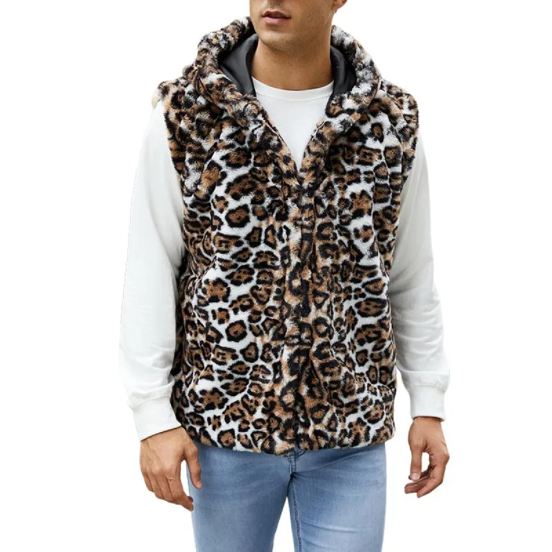 Men's Casual Faux Fur Hooded Leopard Vest 22259889Y sold by Manly