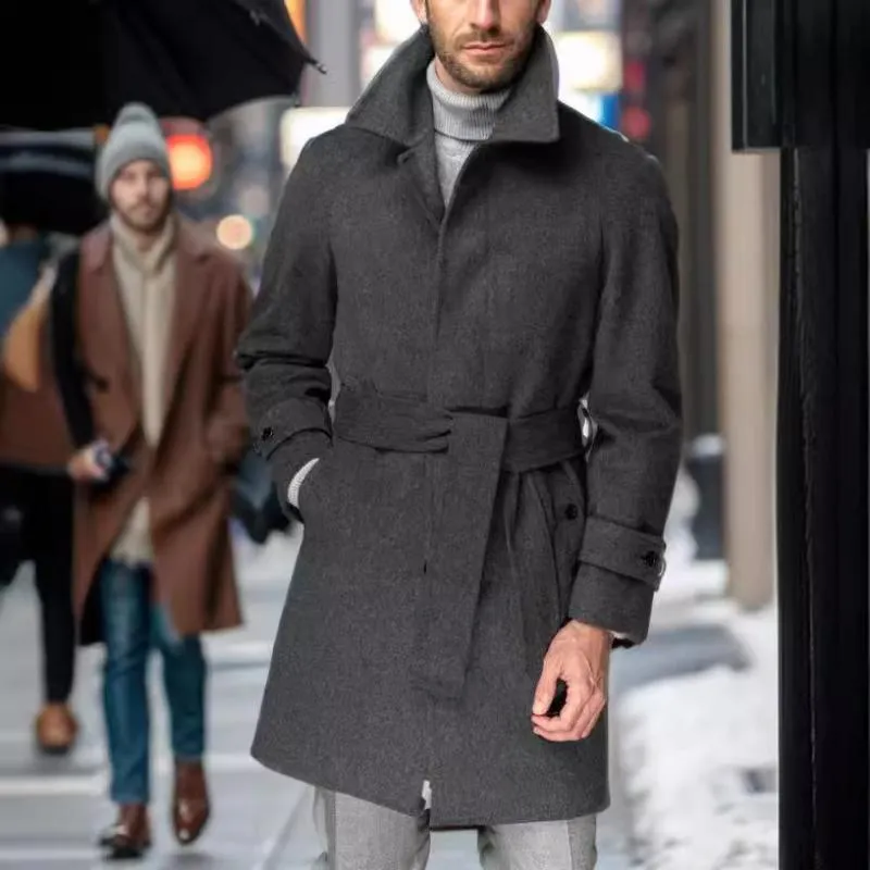 Men's Woolen Lapel Belt Single Breasted Mid-length Coat 96009355Z sold by Manly product image thumbnail 4