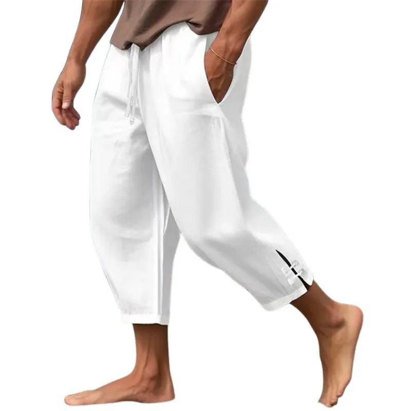 Men's Solid Loose Linen Elastic Waist Casual Pants 84135562Z sold by Manly