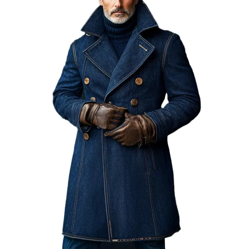 Men's Vintage Washed Double Breasted Long Denim Coat 04907511X sold by Manly