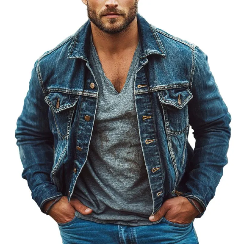 Men's Vintage Washed Denim Lapel Jacket 23218930X sold by Manly