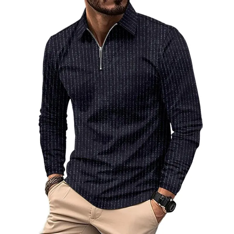 Men's Casual Striped Zipper Lapel Slim Fit Long Sleeve Polo Shirt 27246941M sold by Manly