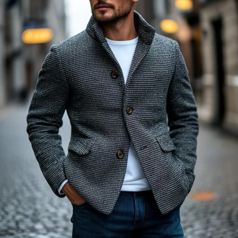 Men's Vintage Stand Collar Houndstooth Single-breasted Slim-fit Blazer 13169605M sold by Manly product image thumbnail 2