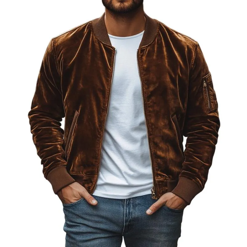 Men's Vintage Velvet Baseball Collar Zip-Up Loose Jacket 39567853M sold by Manly