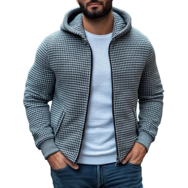 Men's Casual Houndstooth Hooded Zip-up Loose Bomber Jacket 39718224M sold by Manly