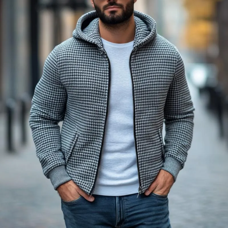 Men's Casual Houndstooth Hooded Zip-up Loose Bomber Jacket 39718224M sold by Manly product image thumbnail 2
