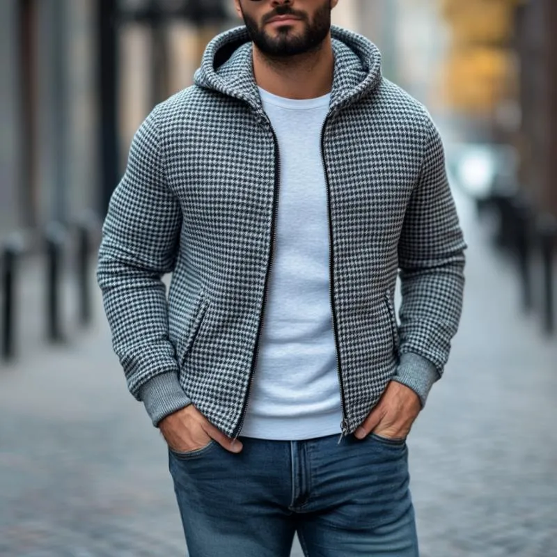 Men's Casual Houndstooth Hooded Zip-up Loose Bomber Jacket 39718224M sold by Manly product image thumbnail 3