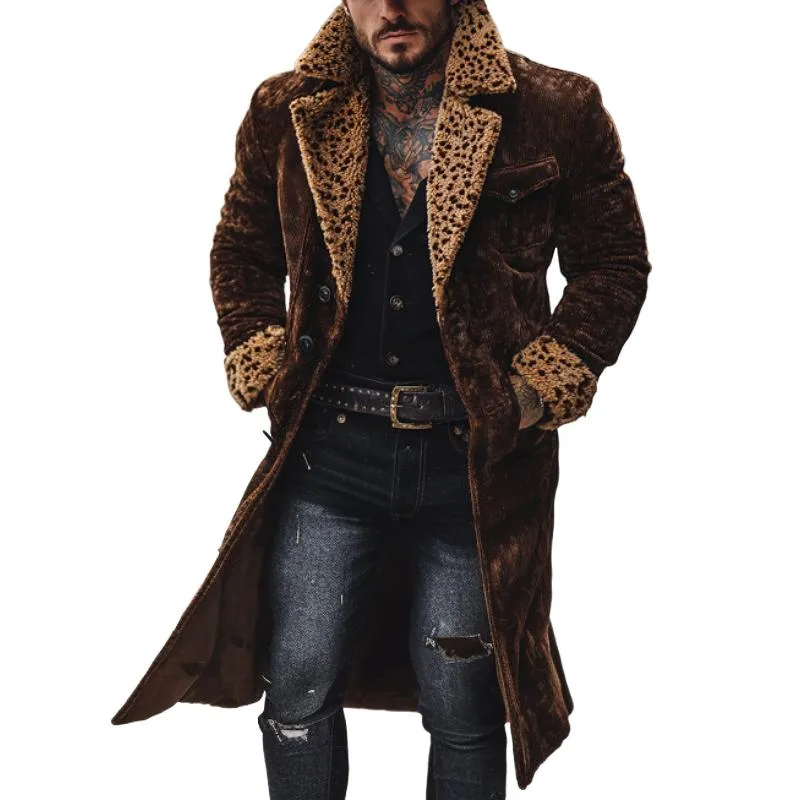 Men's Vintage Solid Color Corduroy Splicing Fur Collar Long Coat 29891209Y sold by Manly