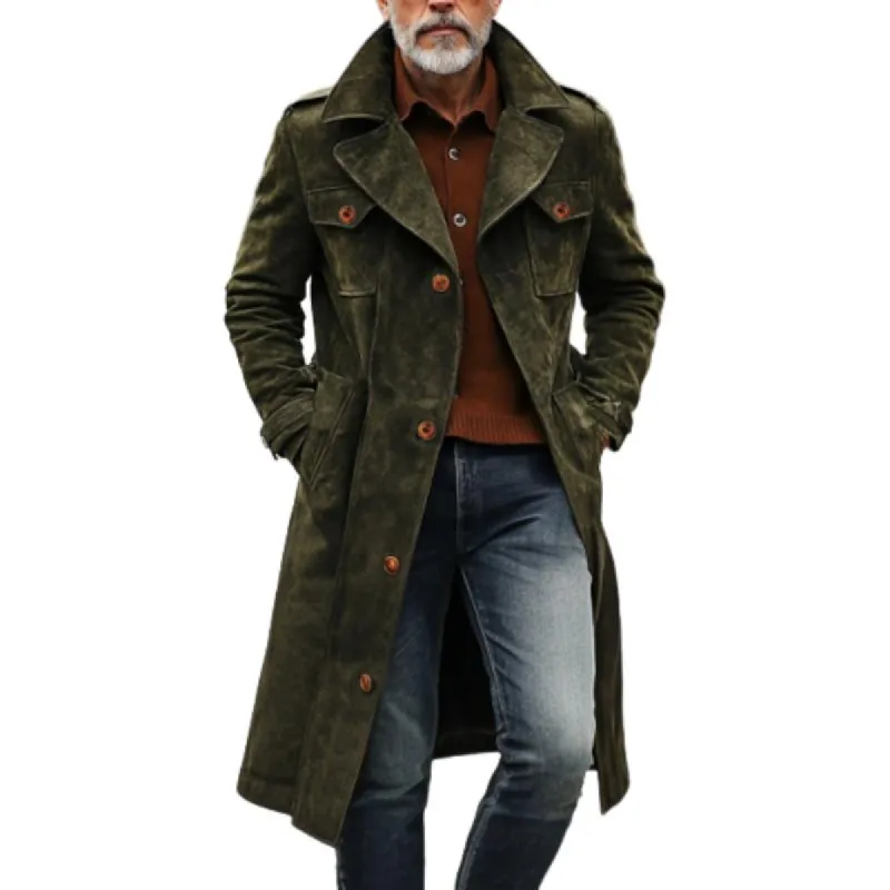 Men's Vintage Suede Lapel Multi-Pocket Trench Coat 44571523Y sold by Manly