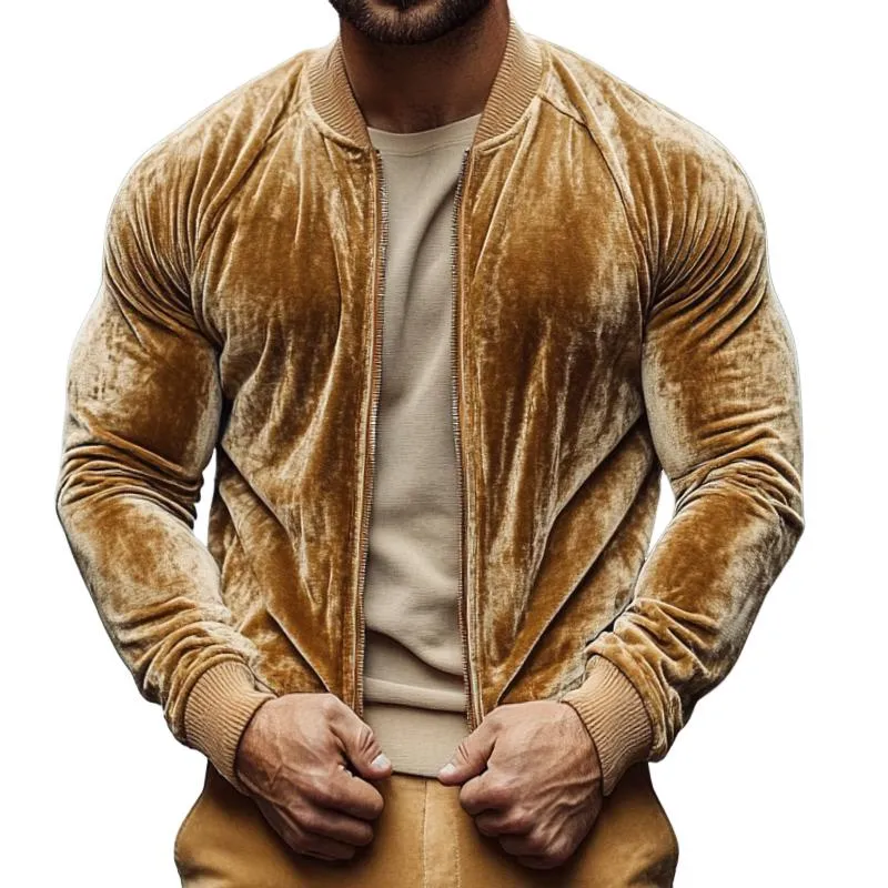 Men's Retro Casual Solid Color Gold Velvet Flying Baseball Jacket 84727648TO sold by Manly