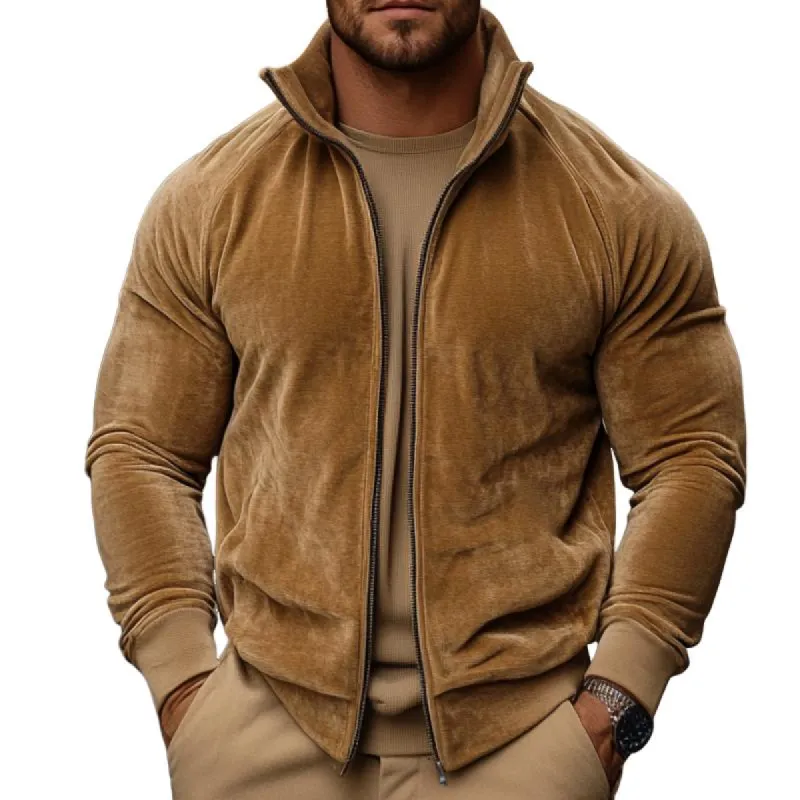 Men's Retro Casual Solid Color Gold Velvet Stand Collar Jacket 33365164TO sold by Manly