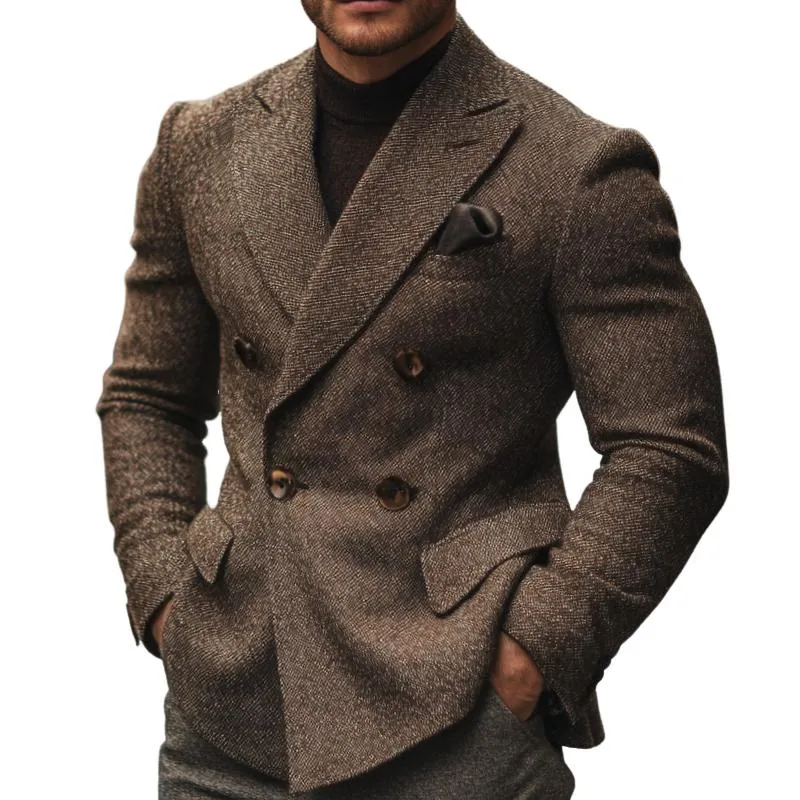 Men's Vintage Casual Tweed Double Breasted Pocket Suit Blazer 10412543TO sold by Manly