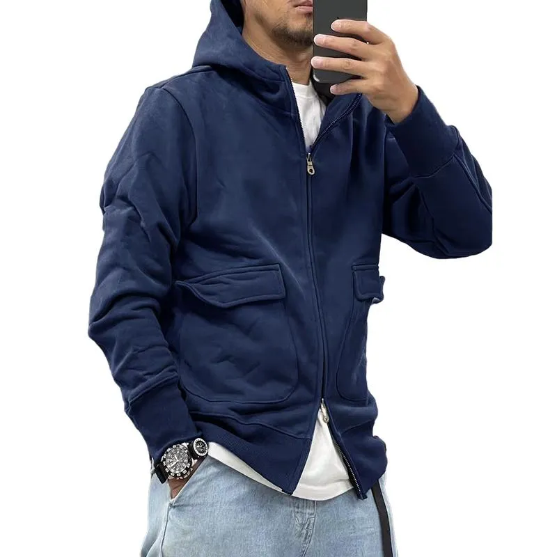 Men's Casual Solid Color Fleece Large Pocket Zipper Loose Hoodie Jacket 96210118M sold by Manly product image thumbnail 4
