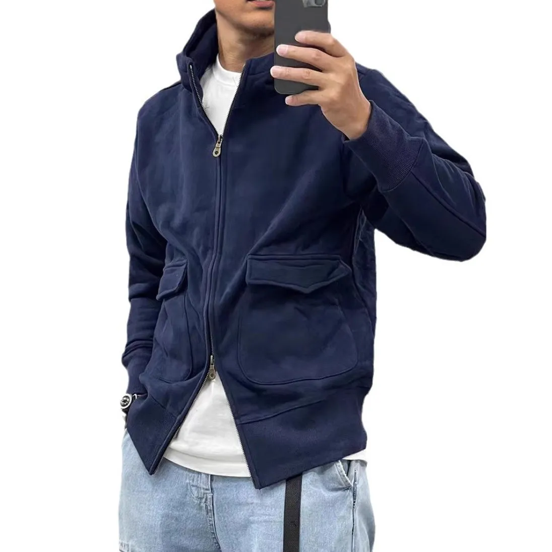 Men's Casual Solid Color Fleece Large Pocket Zipper Loose Hoodie Jacket 96210118M sold by Manly product image thumbnail 3
