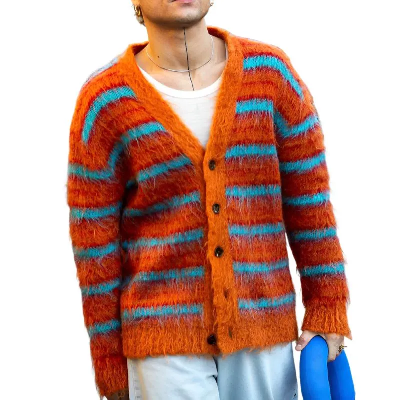 Men's Fashion Contrast Striped Mohair V-Neck Knitted Cardigan 85132947M sold by Manly