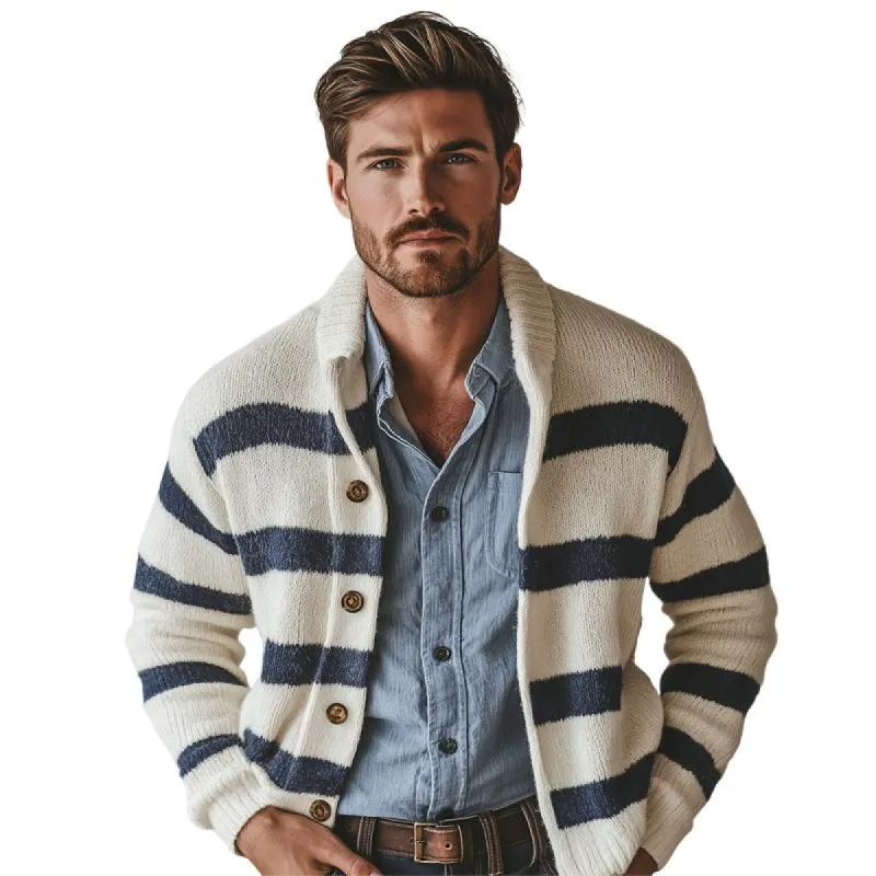 Men's Navy Style Striped Lapel Single Breasted Casual Cardigan 57369374Z sold by Manly