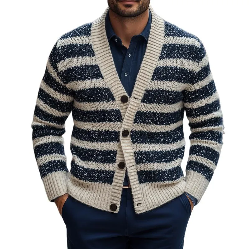 Men's Fashion Striped V Neck Single Breasted Casual Cardigan 89579242Z sold by Manly