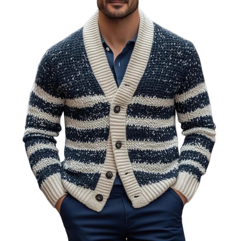 Men's Fashion Striped V Neck Single Breasted Casual Cardigan 04806365Z sold by Manly