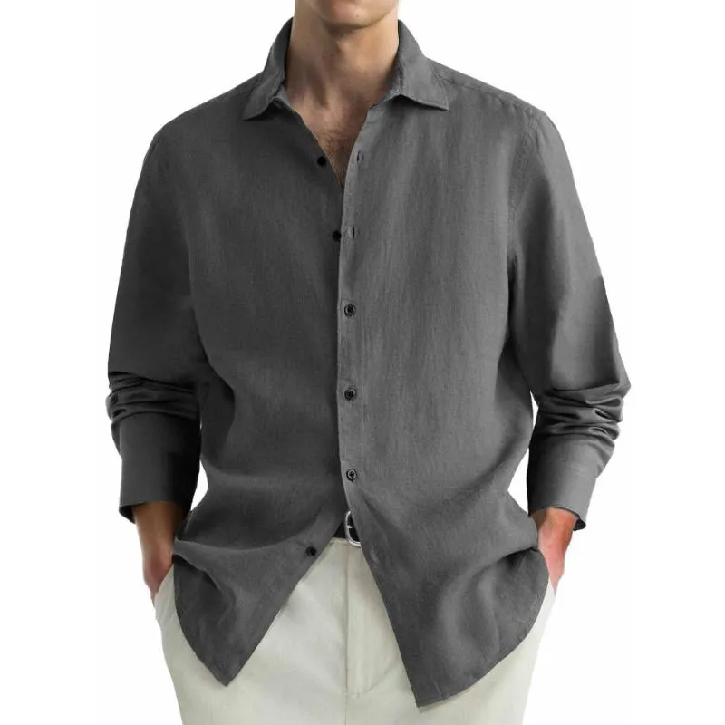 Men's Casual Cotton Linen Blended Lapel Loose Long Sleeve Shirt 06521448M sold by Manly