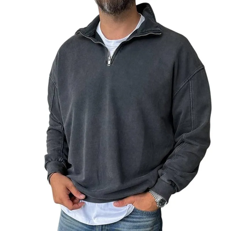 Men's Retro Casual Solid Color Washed Zipper Sweatshirt 52737094TO sold by Manly