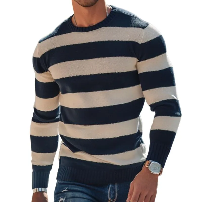 Men's Retro Casual Colorblock Striped Crew Neck Sweater 02258832TO sold by Manly